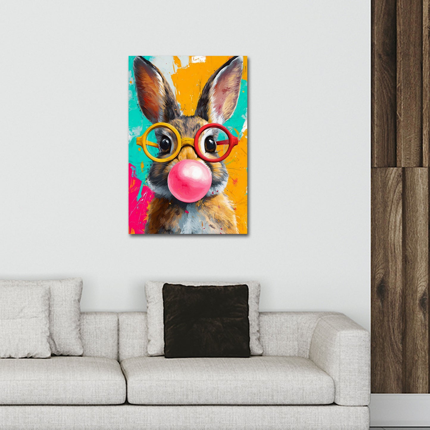 Hase mit Brille und Kaugummi Pop Art Wandbild