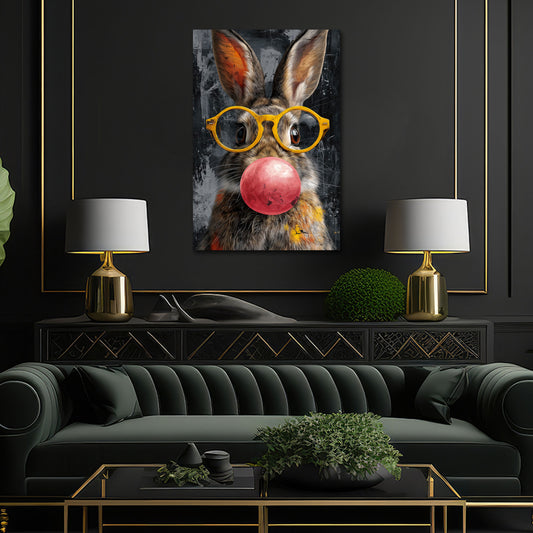 Hase mit gelber Brille und Kaugummi im urbanen Stil Wandbild