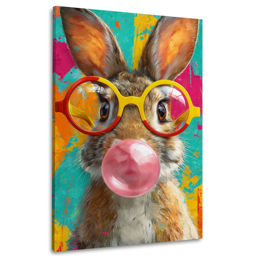 Hase mit runder Brille und Kaugummi Pop Art Wandbild