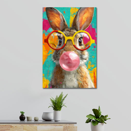Hase mit runder Brille und Kaugummi Pop Art Wandbild