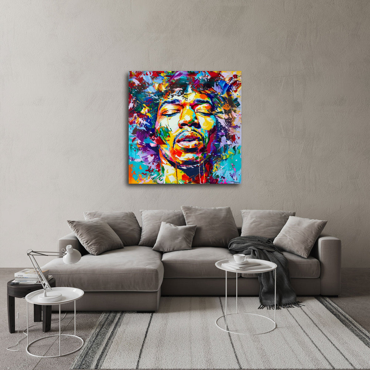 Musik Porträt Wandbild über einem Sofa im Wohnraum