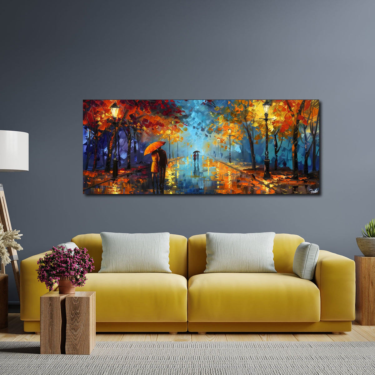 Farbstarkes Panorama Wandbild über einem Sofa im Wohnraum