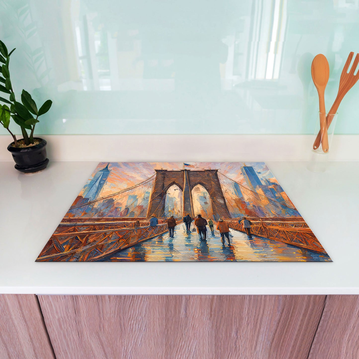 Abstrakt Brücke New York Vinyl Herdabdeckplatte Induktionsschutz für Ceranfeld & Küche Deko