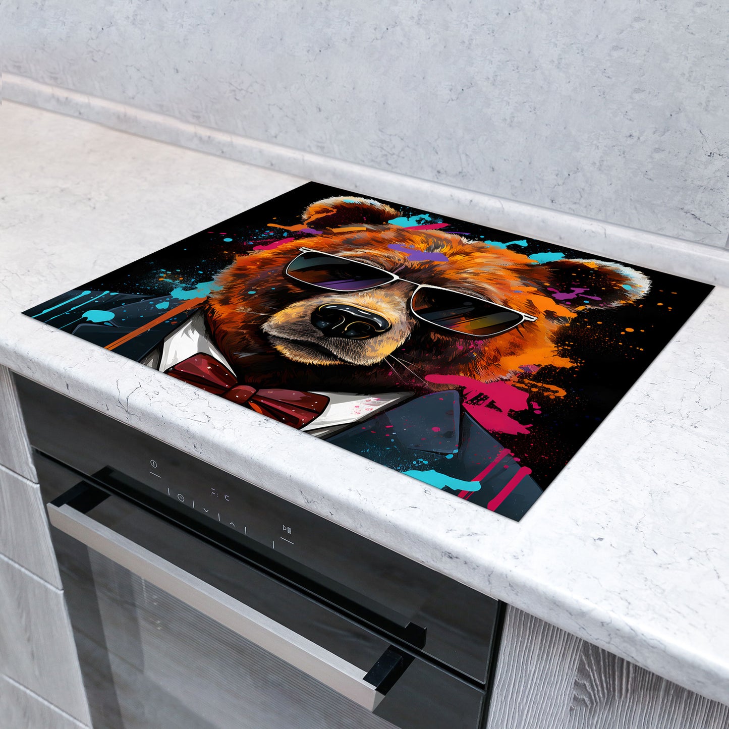 Pop Art Bär im Anzug Vinyl Herdabdeckplatte Induktionsschutz für Ceranfeld & Küche Deko