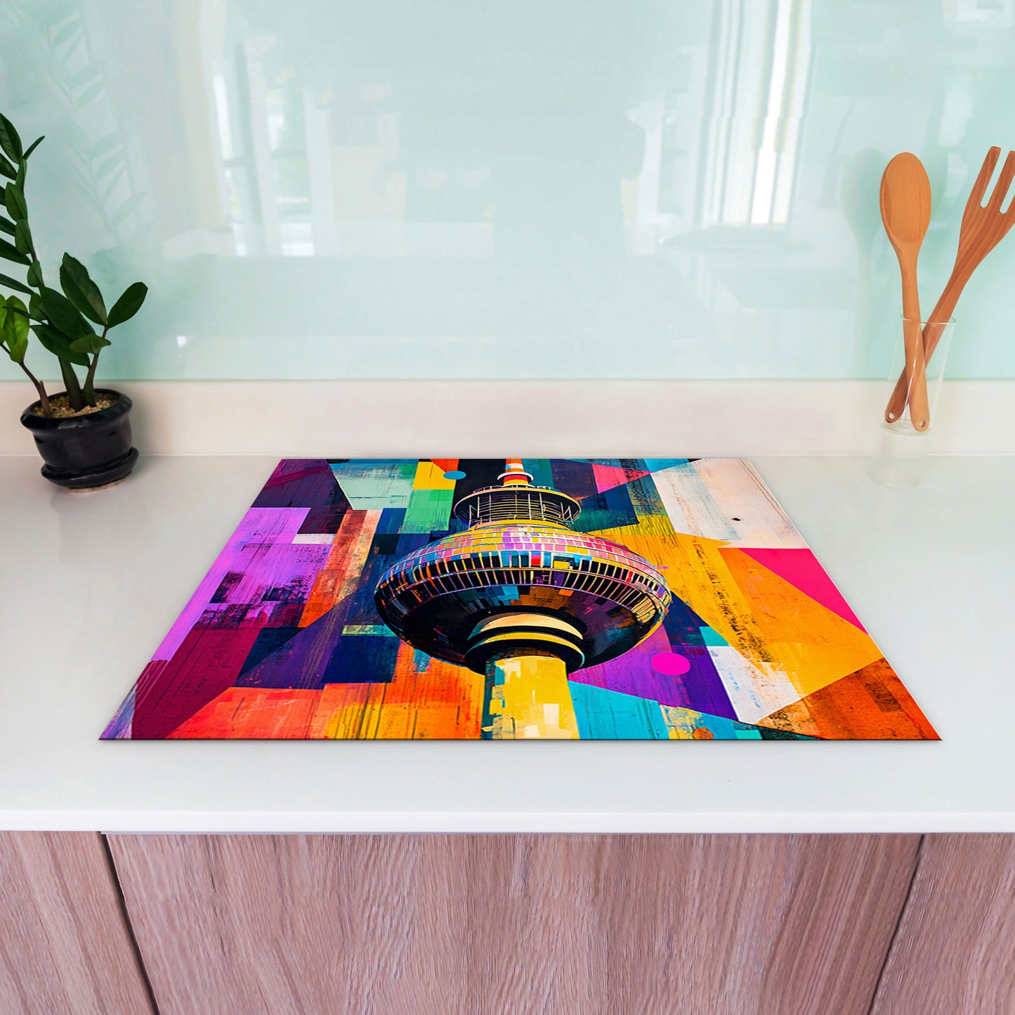 Pop Art Berlin Fernsehturm Vinyl Herdabdeckplatte Induktionsschutz für Ceranfeld & Küche Deko