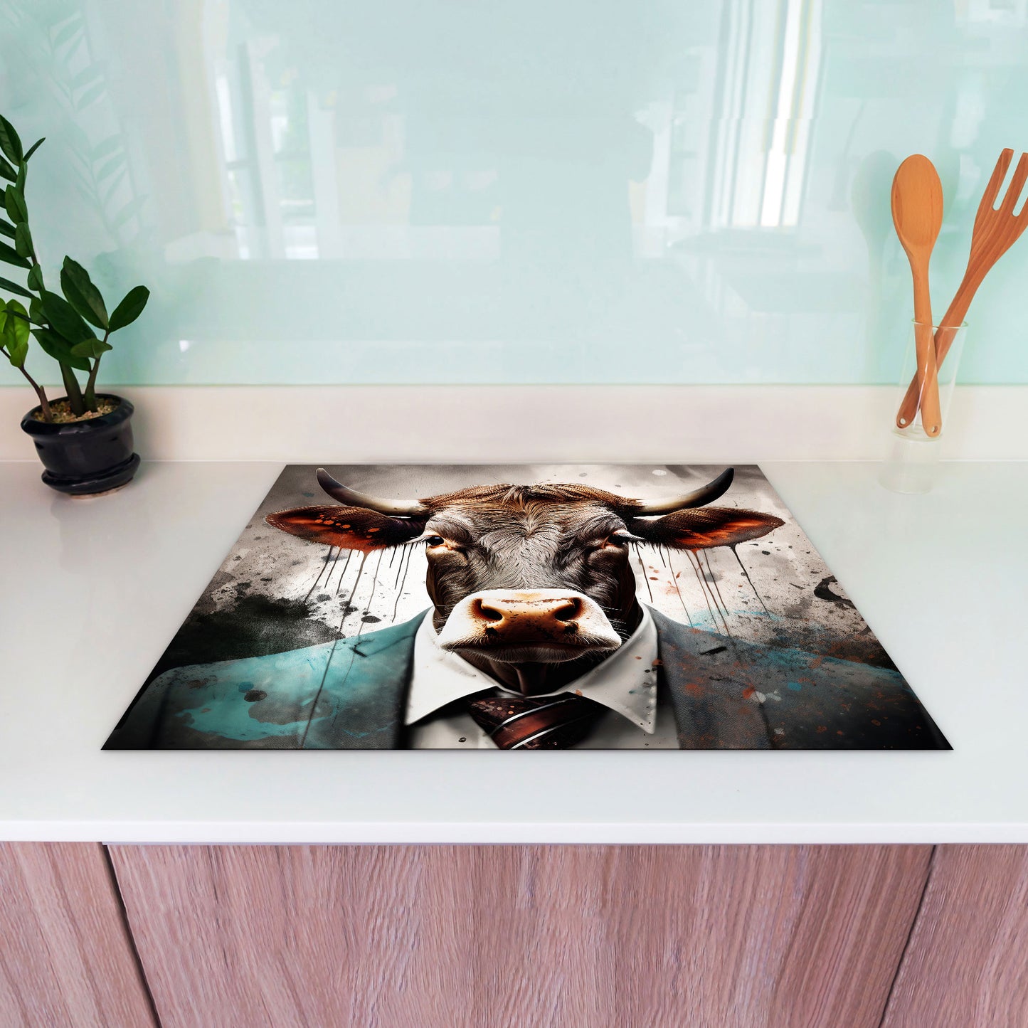 Stier im Anzug Vinyl Herdabdeckplatte Induktionsschutz für Ceranfeld & Küche Deko