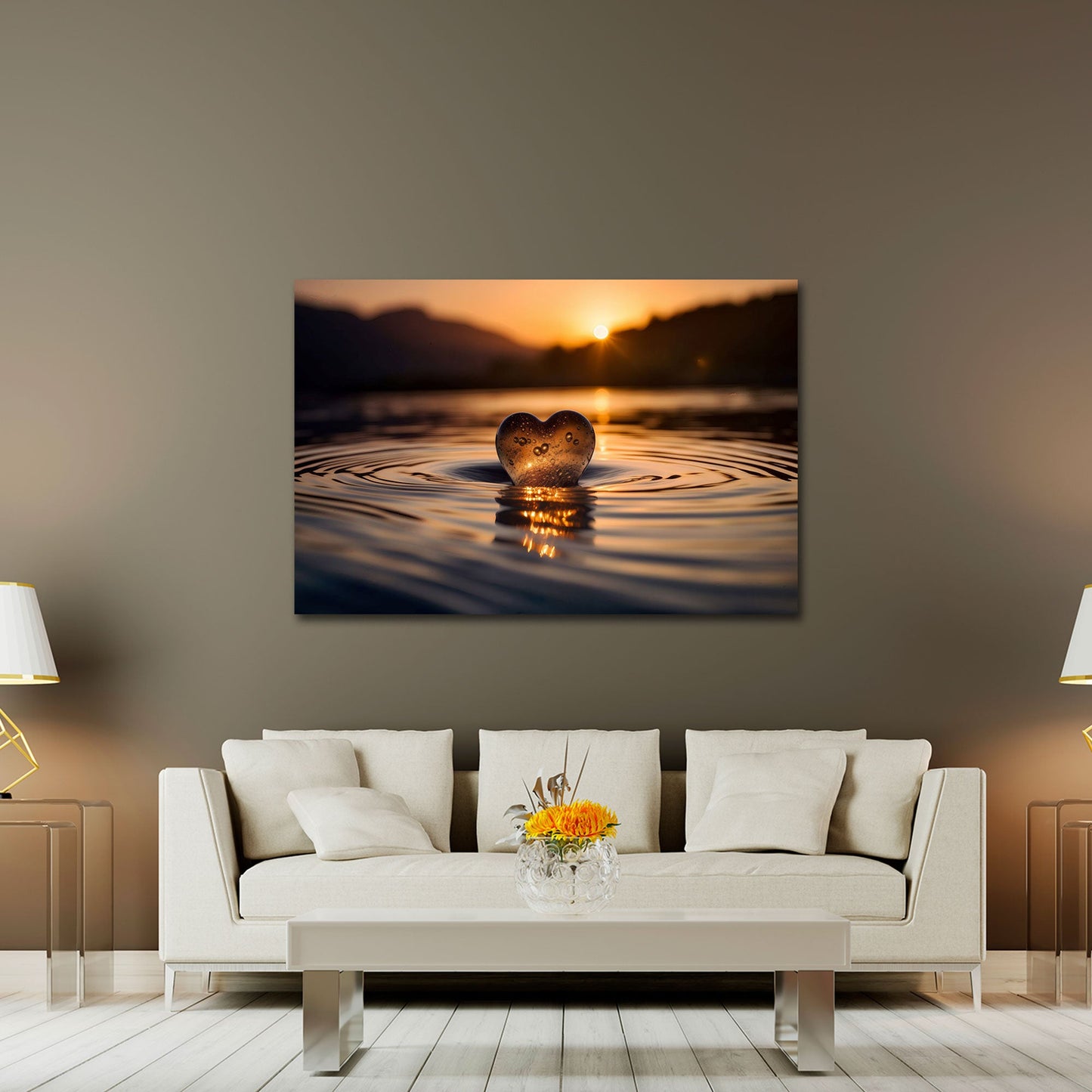 Herz aus Glas im Wasser goldenem Sonnenuntergang Wandbild