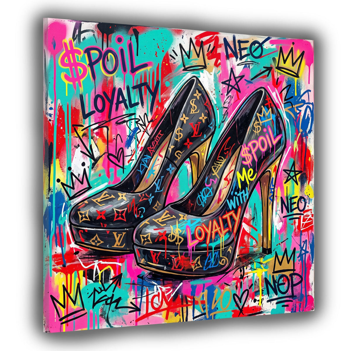 Schwarze High Heels mit Monogramm-Muster Spoil Me Pop Art Wandbild