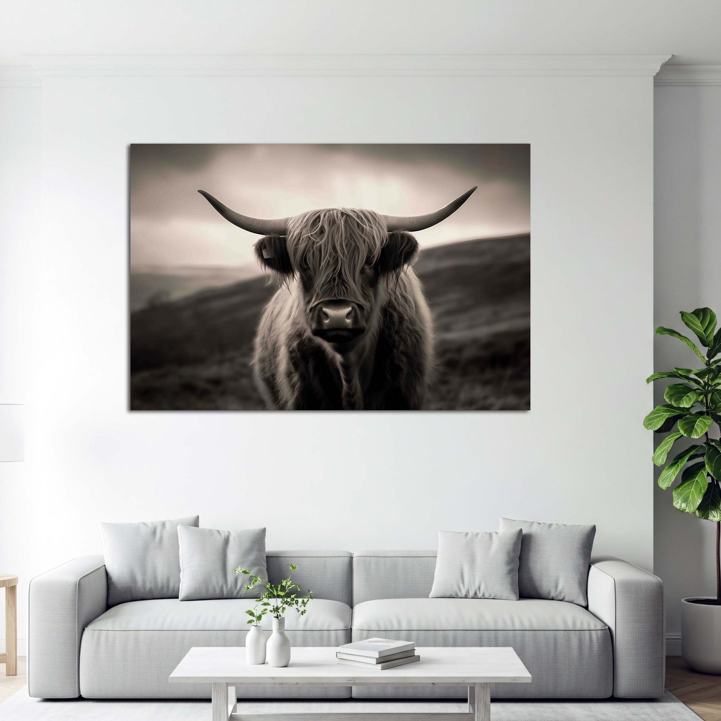 Highland Rind Porträt schwarz weiß Landschaft Natur Wandbild