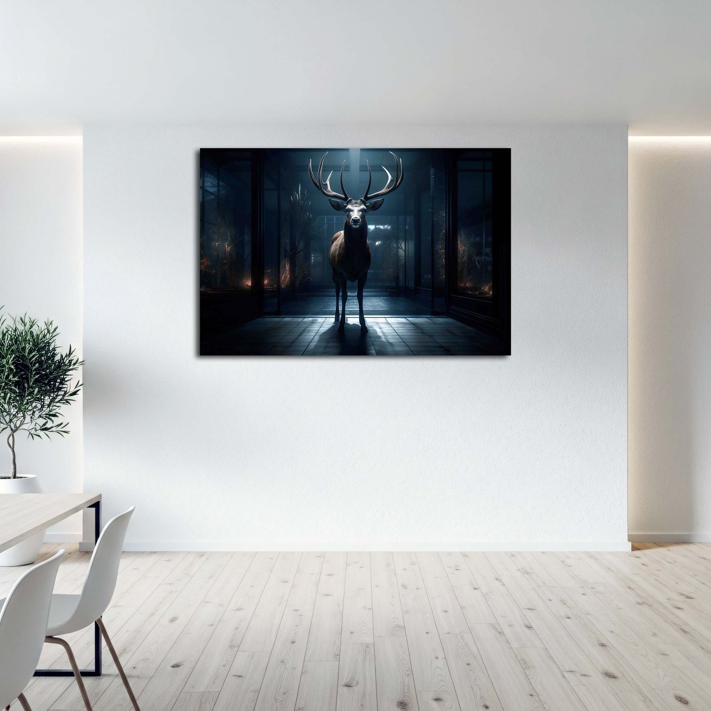 Hirsch Geweih Nacht Lichtstrahl Glas Architektur Wandbild