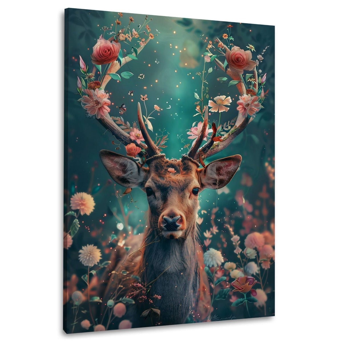 Hirsch im Blumenwald mit Rosen – Wandbild