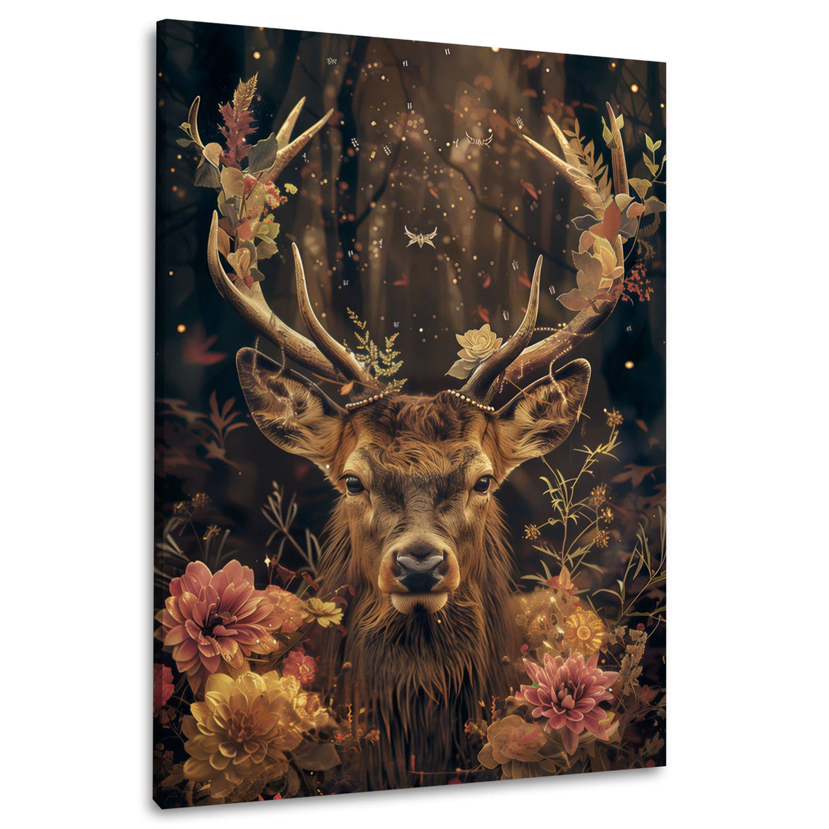 Hirsch mit Blüten im goldenen Herbstwald – Wandbild