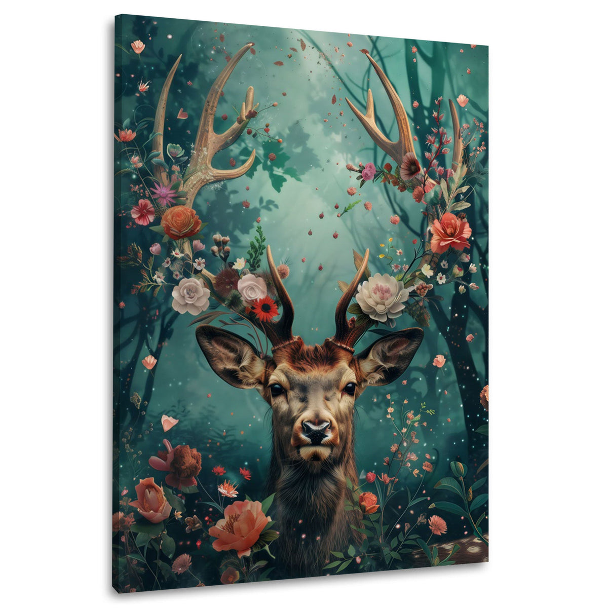 Hirsch zwischen Blüten und Bäumen – Wandbild