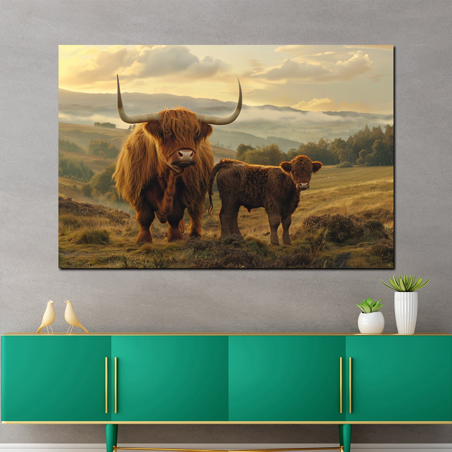Hochlandrinder Natur Weide Berglandschaft Wandbild