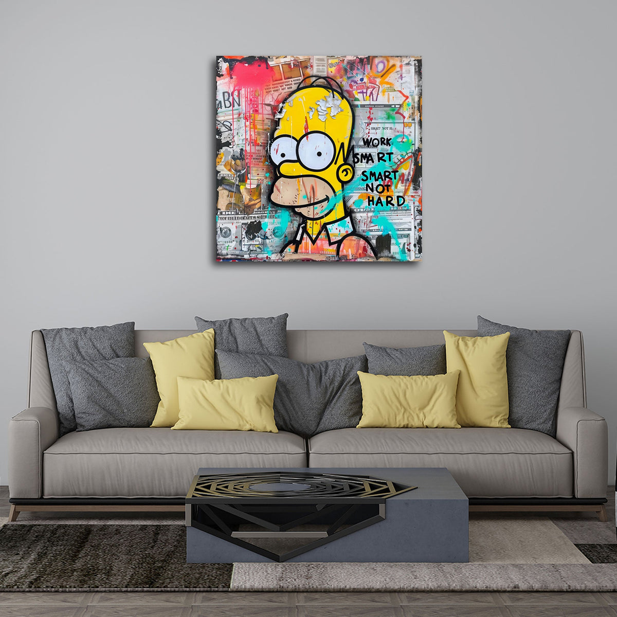 Homer mit Work Smart Schriftzug als Graffiti Comic Wandbild