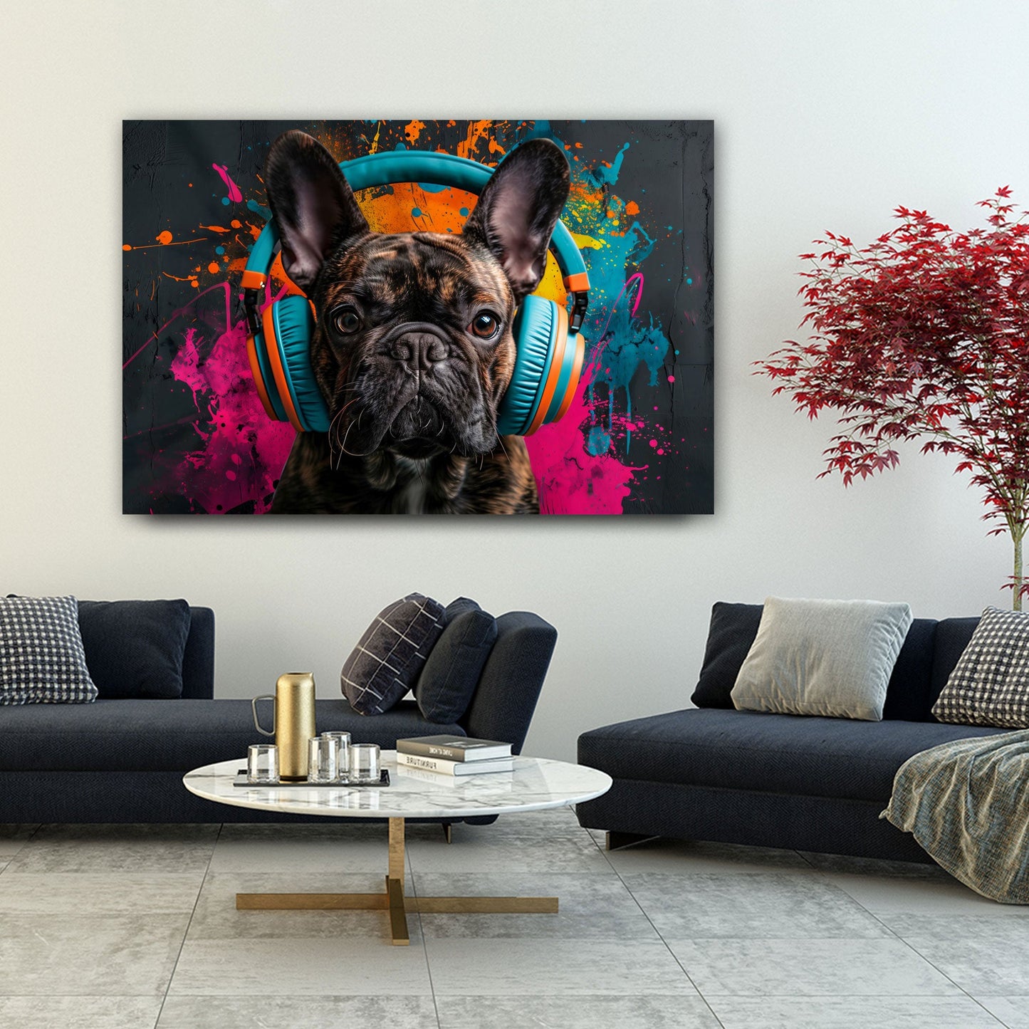 Hund mit Headphones im Street-Art-Stil in Pastelltönen Wandbild
