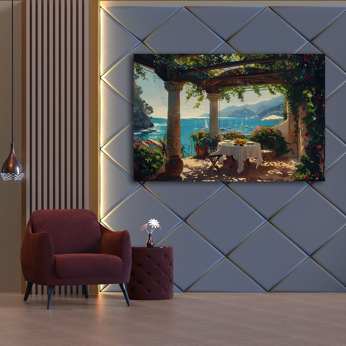 Italienische Terrasse Meerblick Obstteller Wandbild