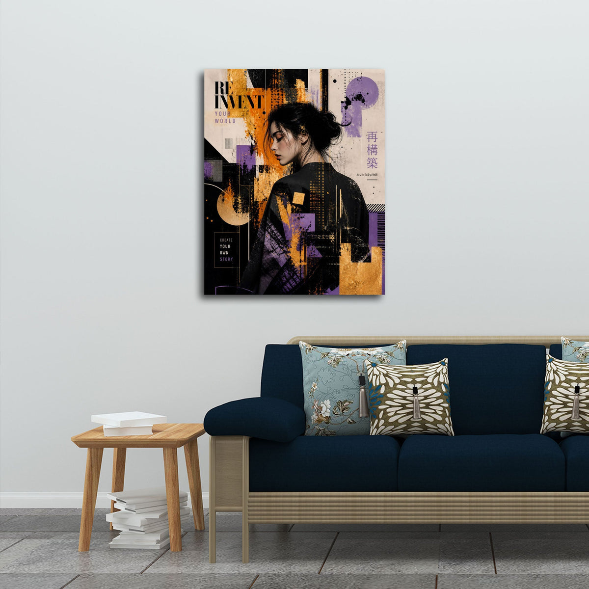 Japanische Frau im Profil in Lila und Gold Collage Wandbild