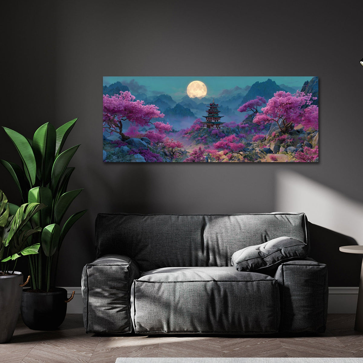 Japanische Landschaft Kirschblueten und Vollmond Wandbild