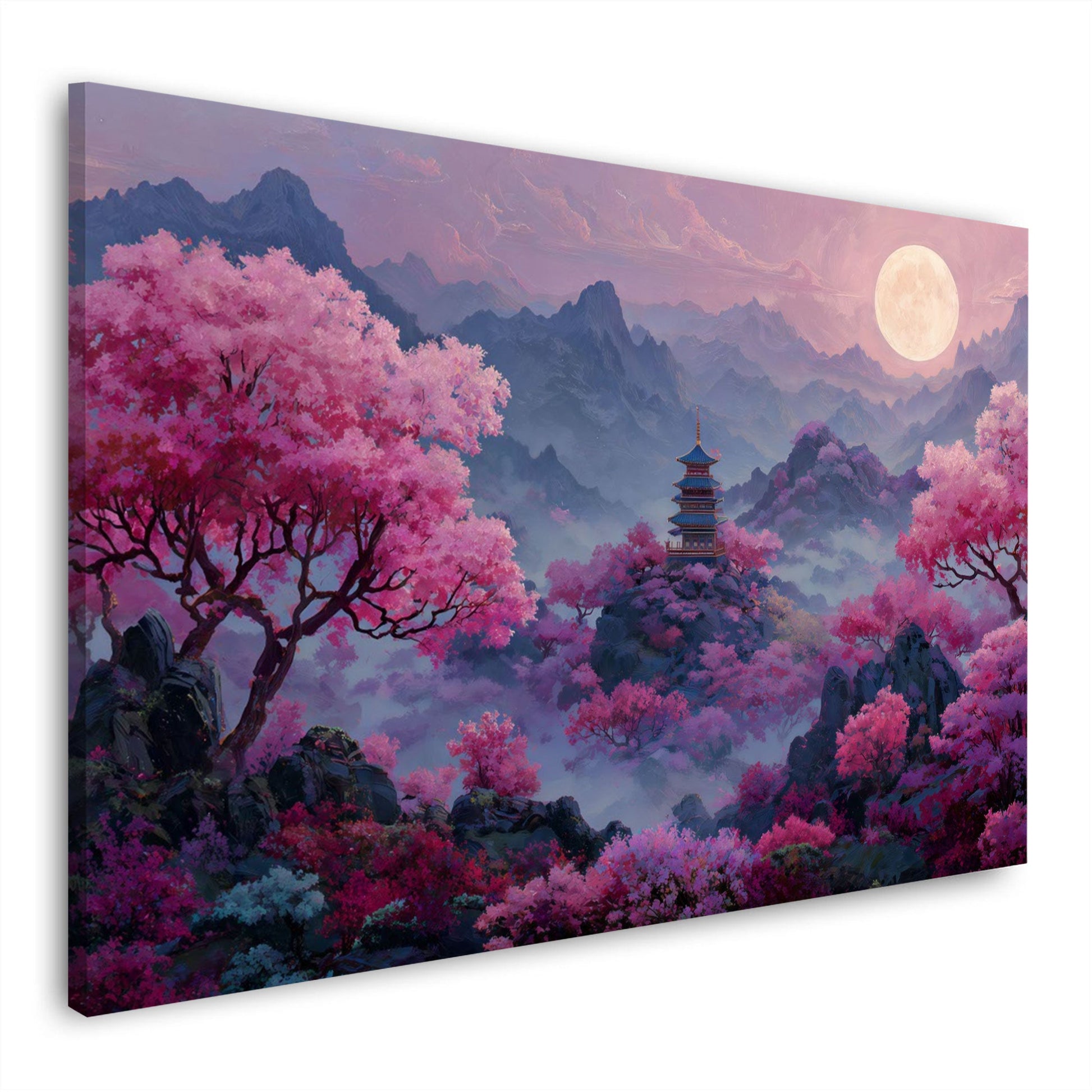Japanische Pagode mit Kirschblueten und Vollmond Wandbild