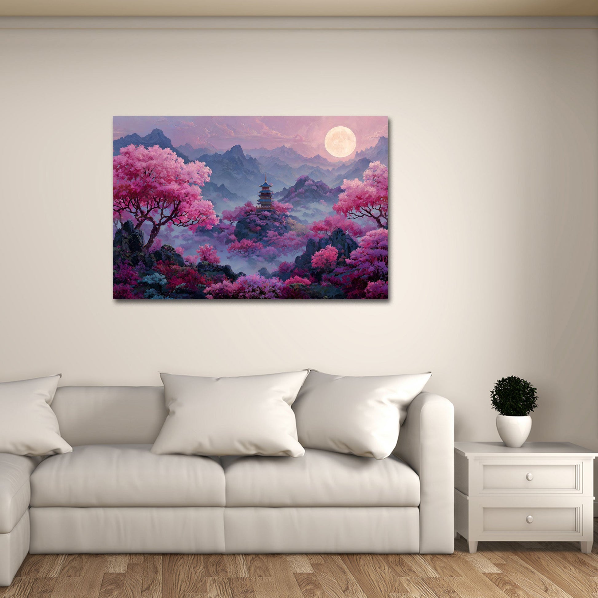 Japanische Pagode mit Kirschblueten und Vollmond Wandbild