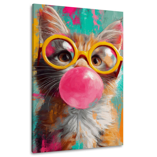 Katze mit gelber Brille und Kaugummi Pop Art Wandbild