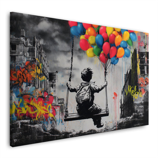 Kind auf Schaukel Ballons Street Art Stadt Graffiti Wandbild