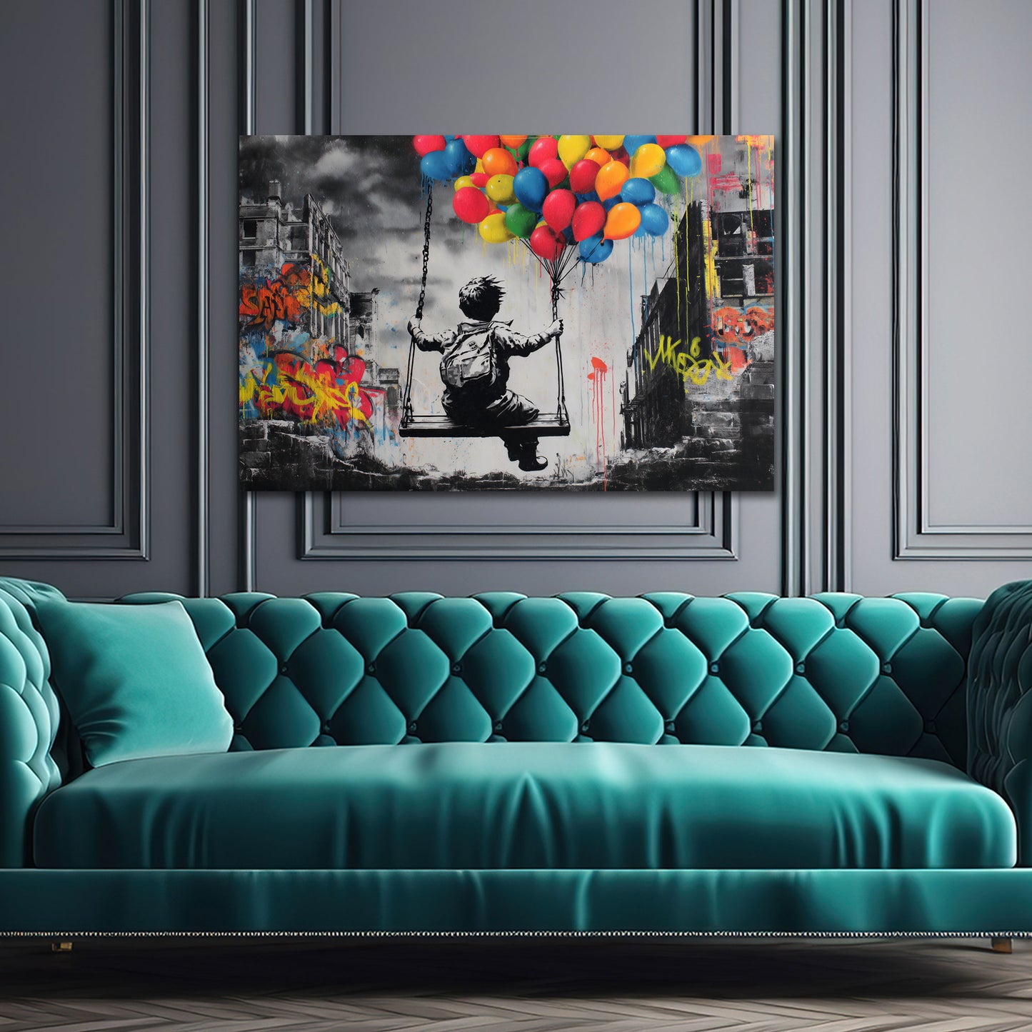 Kind auf Schaukel Ballons Street Art Stadt Graffiti Wandbild