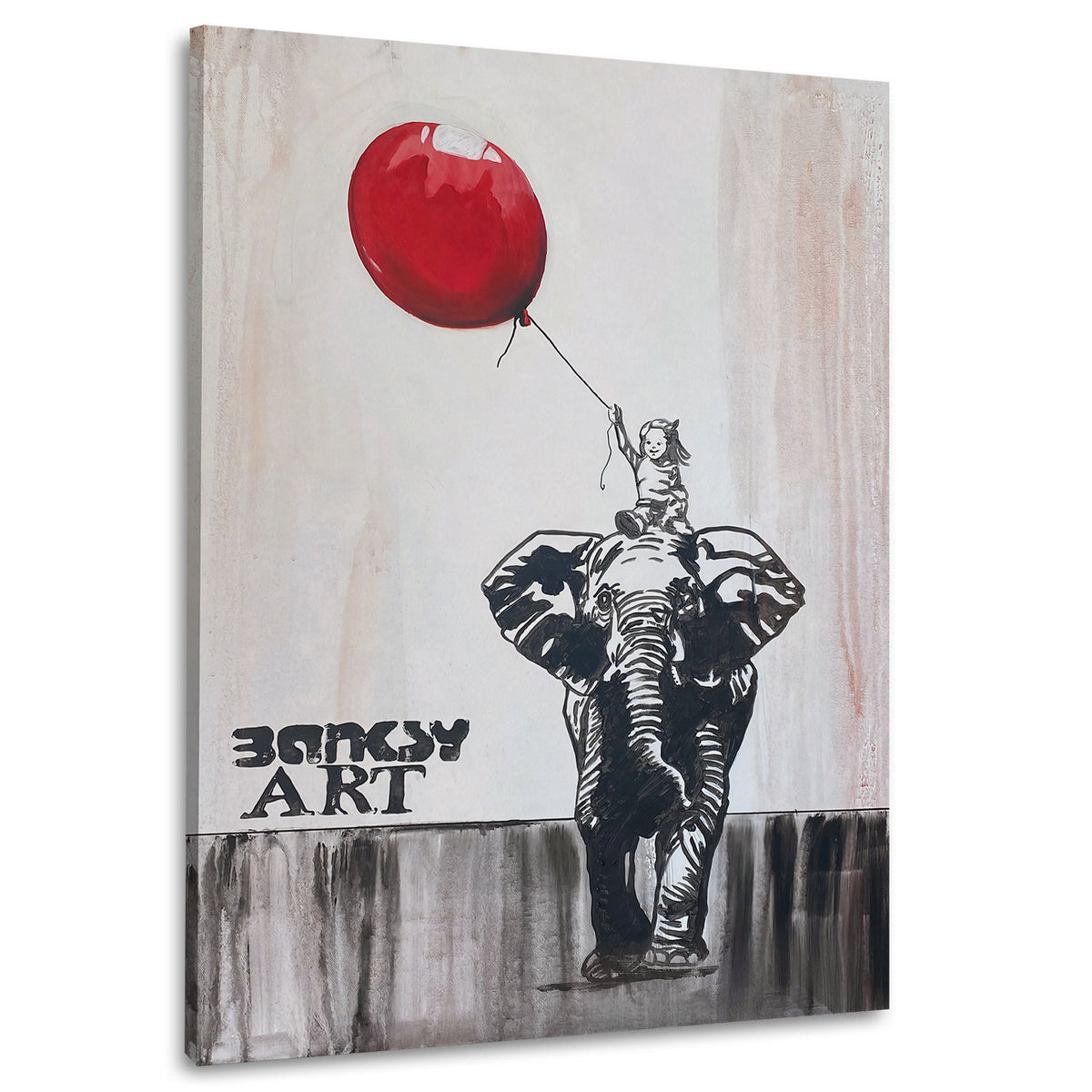 Kind sitzt auf Elefant mit rotem Ballon BANKSY-ART Wandbild