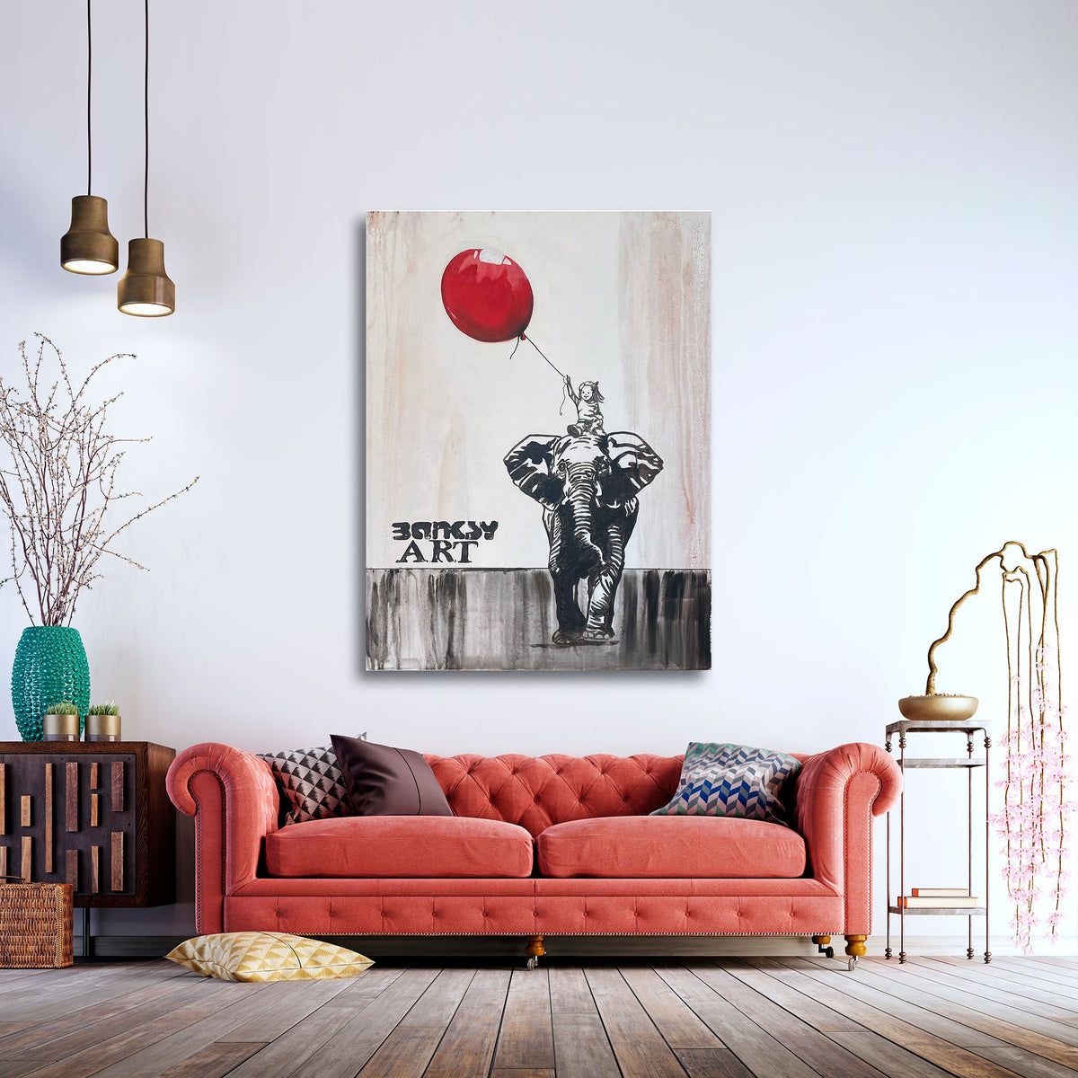 Kind sitzt auf Elefant mit rotem Ballon BANKSY-ART Wandbild