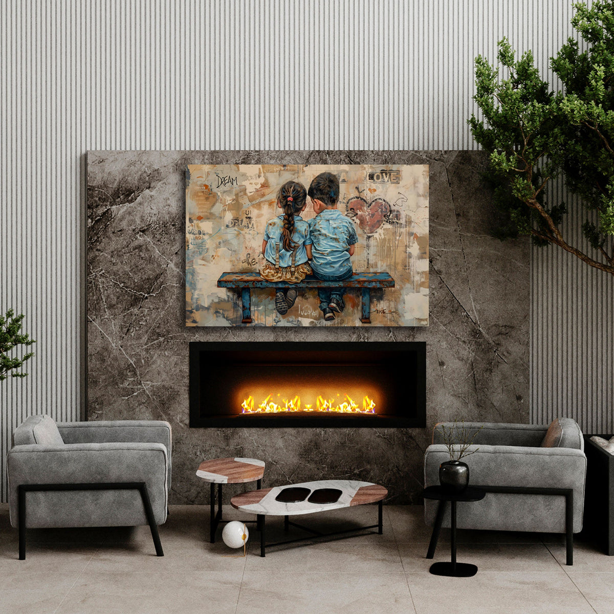 Kinderfreundschaft auf Bank vor Vintage Wand Wandbild