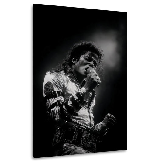 King of Pop live mit Lichtkegel in Schwarz-Weiß Wandbild