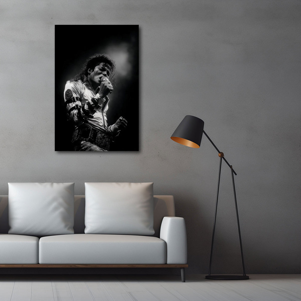 King of Pop live mit Lichtkegel in Schwarz-Weiß Wandbild