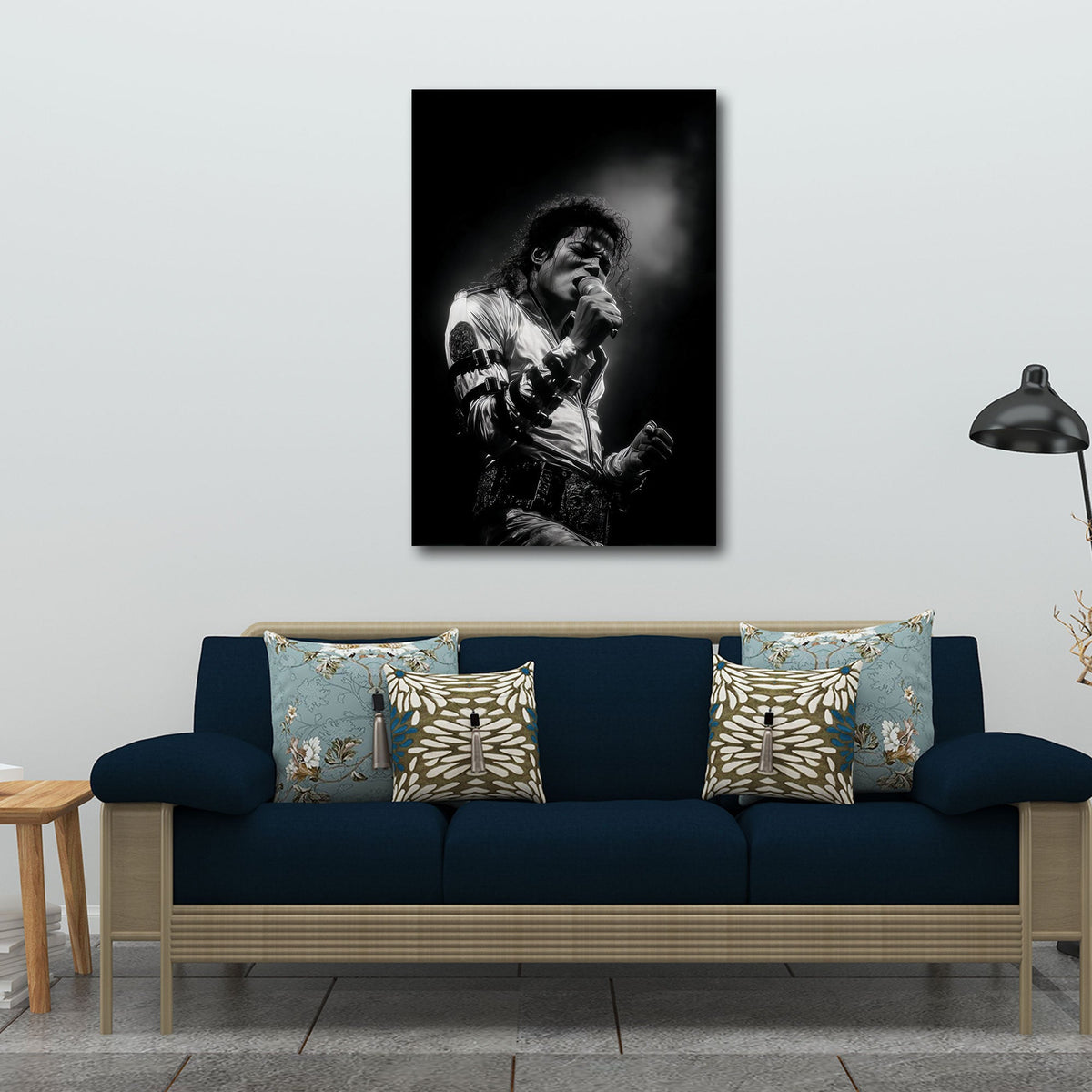 King of Pop live mit Lichtkegel in Schwarz-Weiß Wandbild