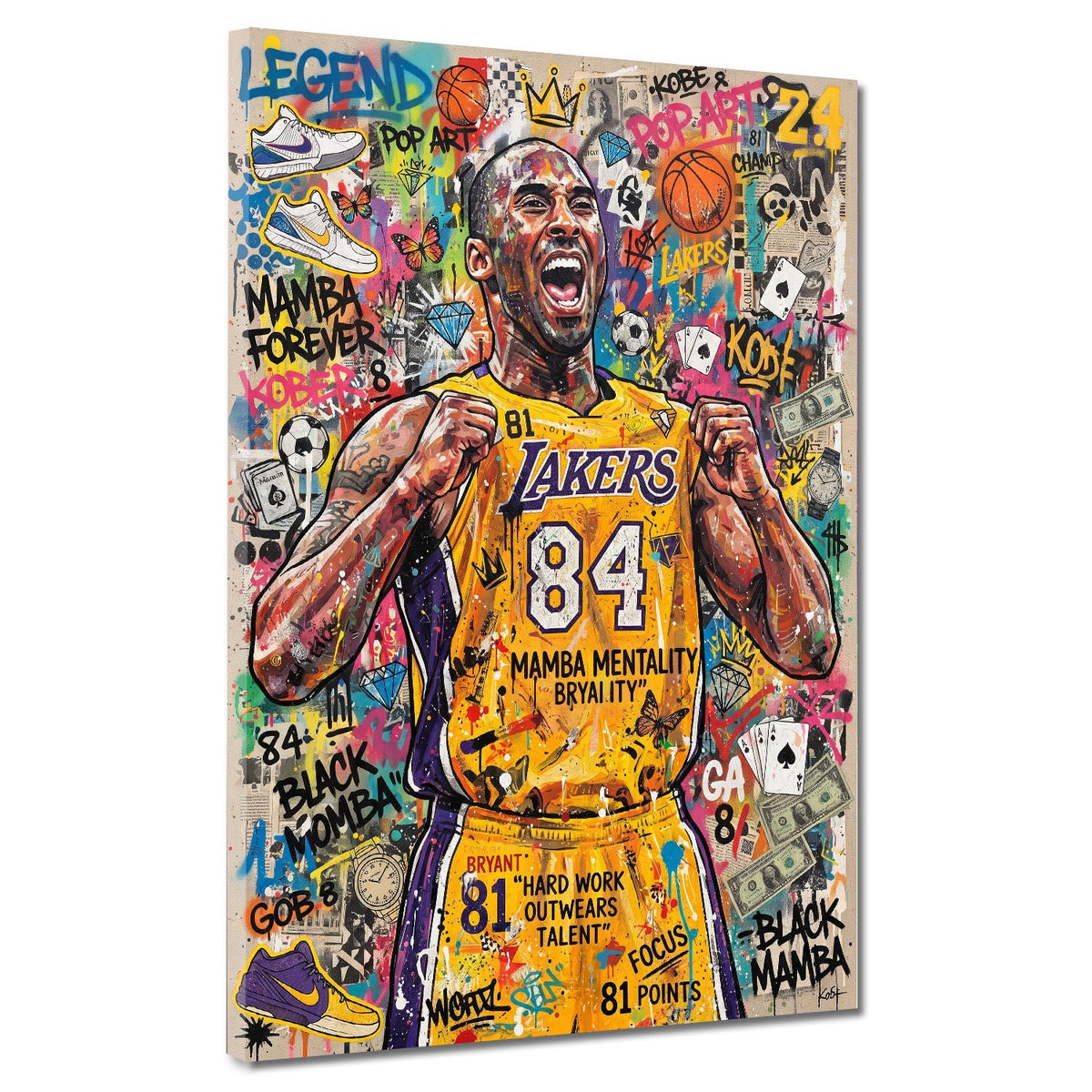 Kobe Basketball Legende in gelbem Trikot Pop Art Graffiti Wandbild