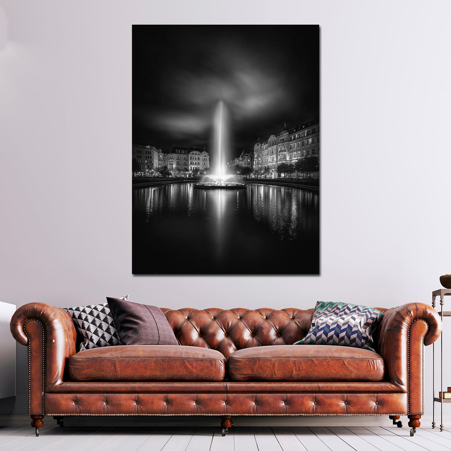 Kochbrunnen Wiesbaden schwarz weiß mit Wasserreflexion Wandbild