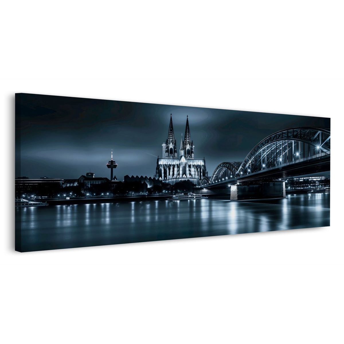 Kölner Dom im Mondlicht mit Brücke als Panorama Wandbild