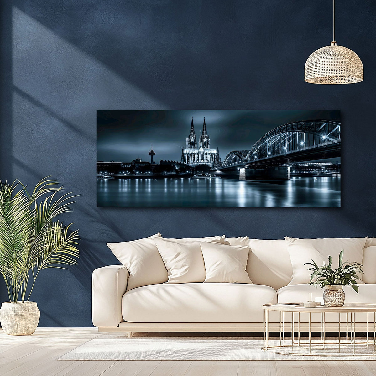 Kölner Dom im Mondlicht mit Brücke als Panorama Wandbild