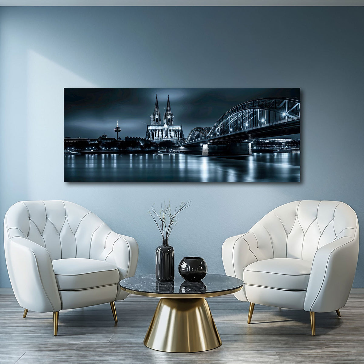 Kölner Dom im Mondlicht mit Brücke als Panorama Wandbild