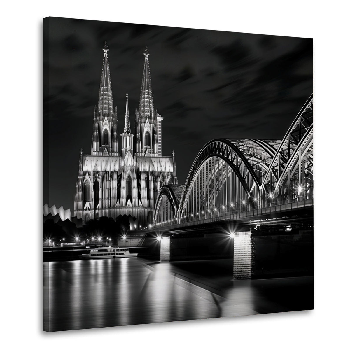 Kölner Dom und Brücke in Schwarz-Weiß bei Nacht Wandbild