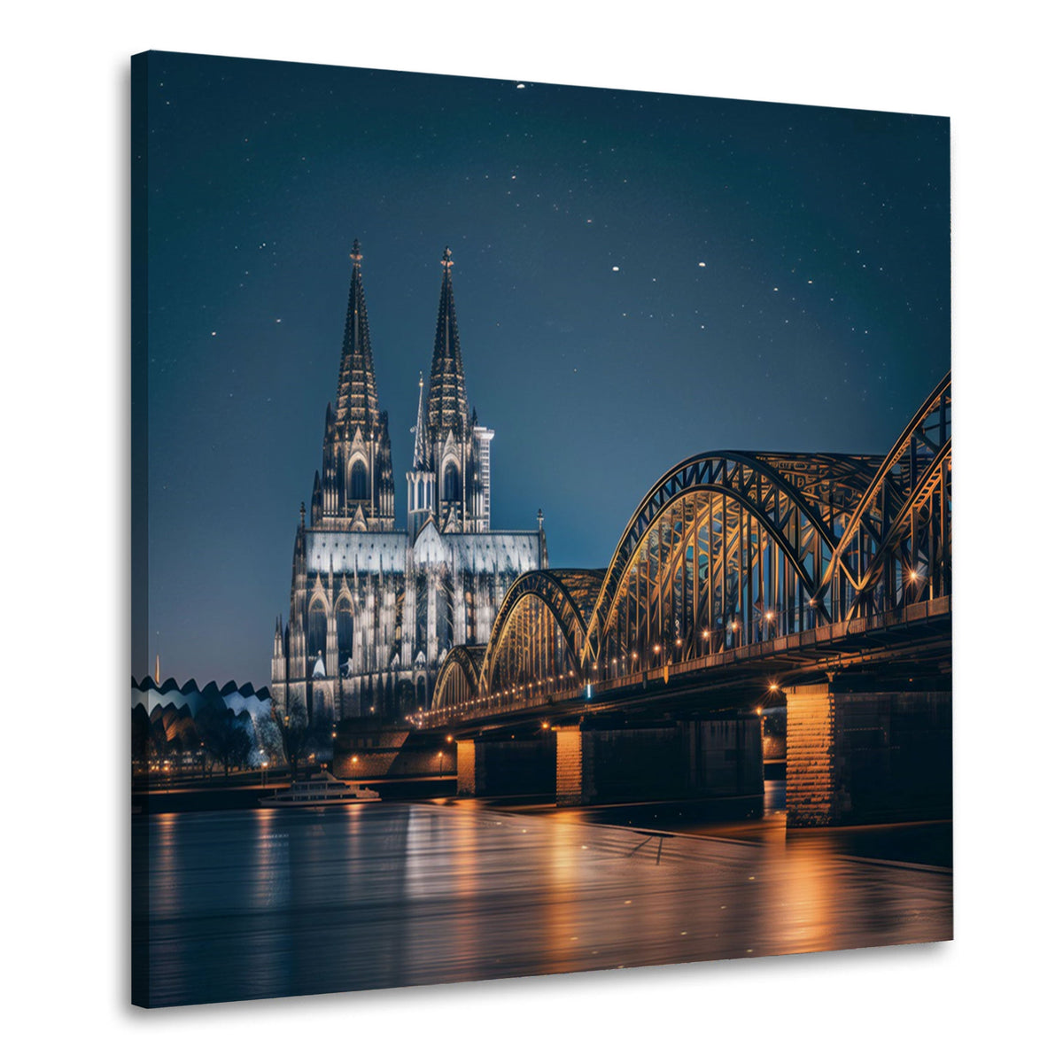 Kölner Dom unter Sternenhimmel mit Rheinbrücke Wandbild