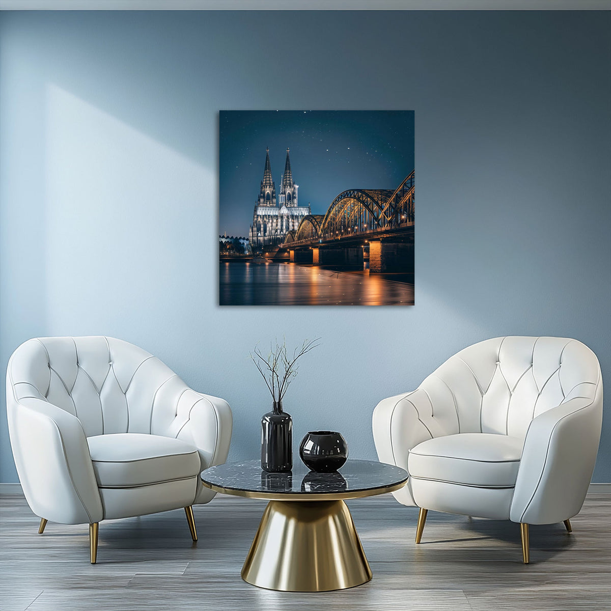 Kölner Dom unter Sternenhimmel mit Rheinbrücke Wandbild