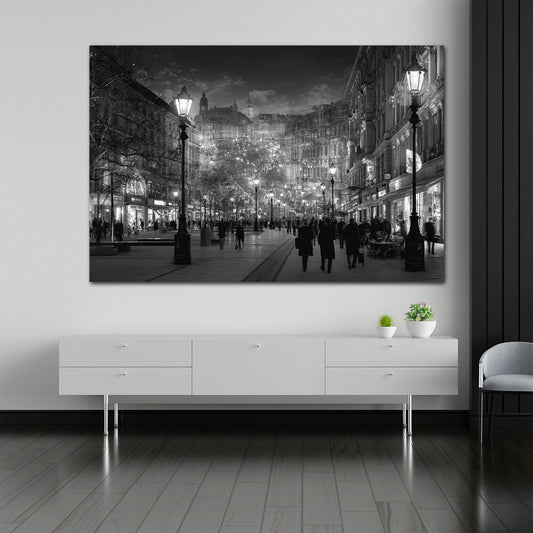 Königstraße Stuttgart Abendlichter Altstadt schwarz weiß Wandbild