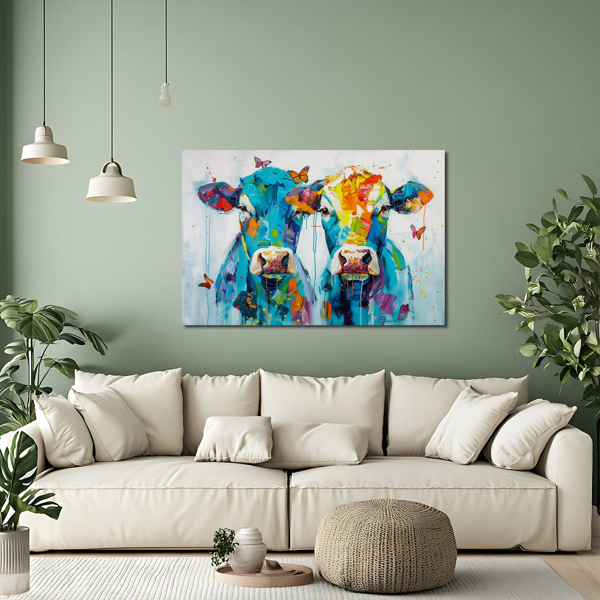 Buntes Kuh Wandbild über einem Sofa im Wohnraum