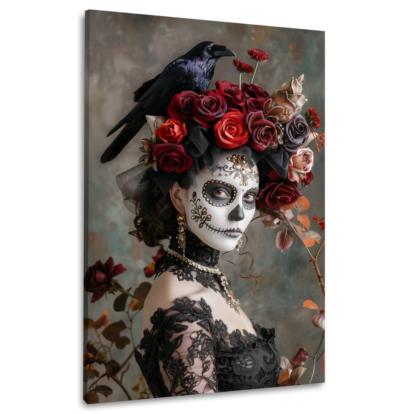 Mystische La Catrina Porträt mit Rabe und roter Rosenkrone Wandbild