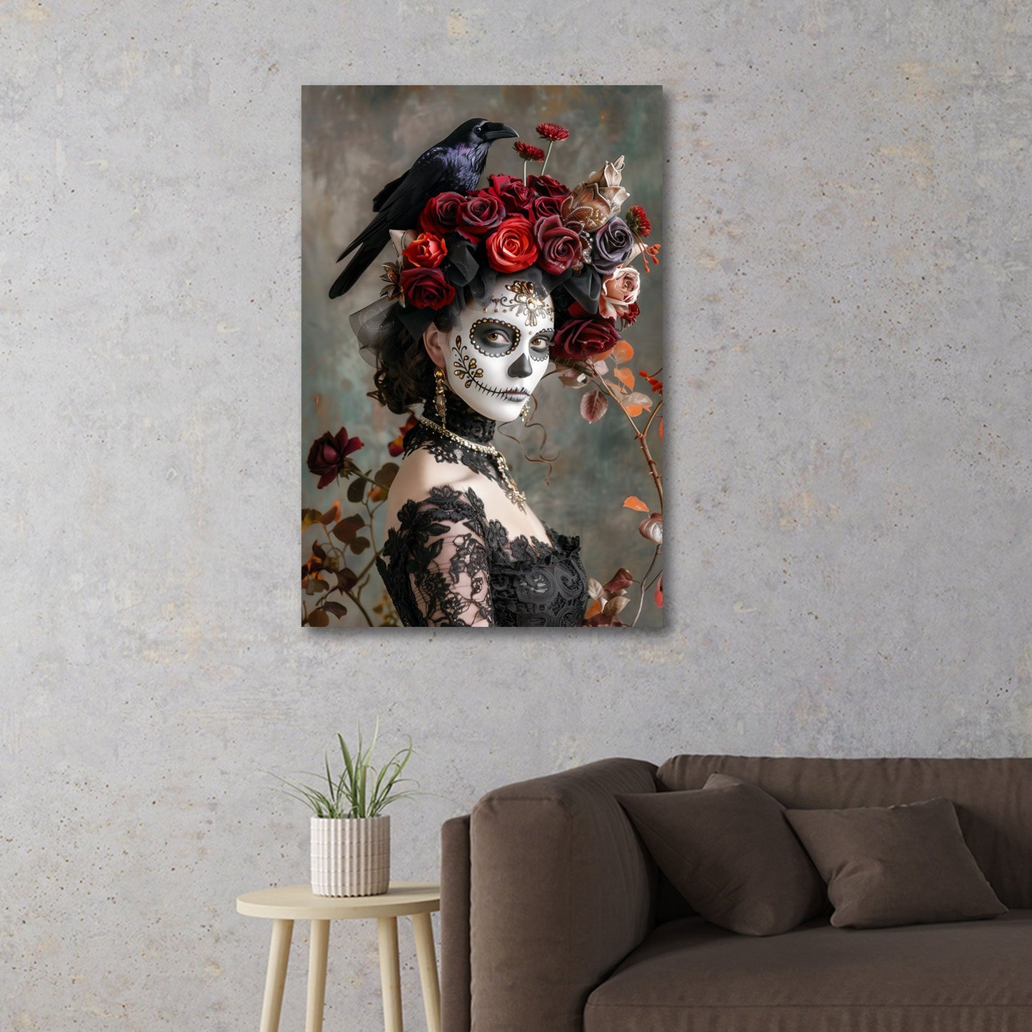 Mystische La Catrina Porträt mit Rabe und roter Rosenkrone Wandbild