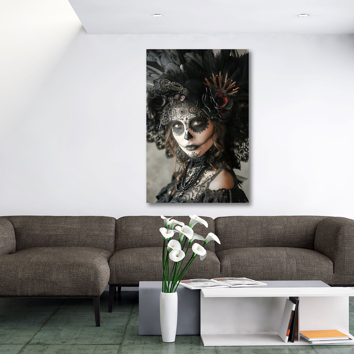 La Catrina Porträt in schwarz-weiß mit Federschmuck Wandbild