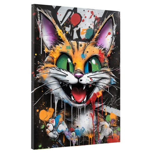 Lachende Katze im bunten Graffiti Street Art Stil Wandbild im Hochformat auf Leinwand