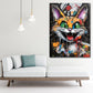 Lachende Katze Graffiti Wandbild über dem Sofa im hellen Wohnzimmer