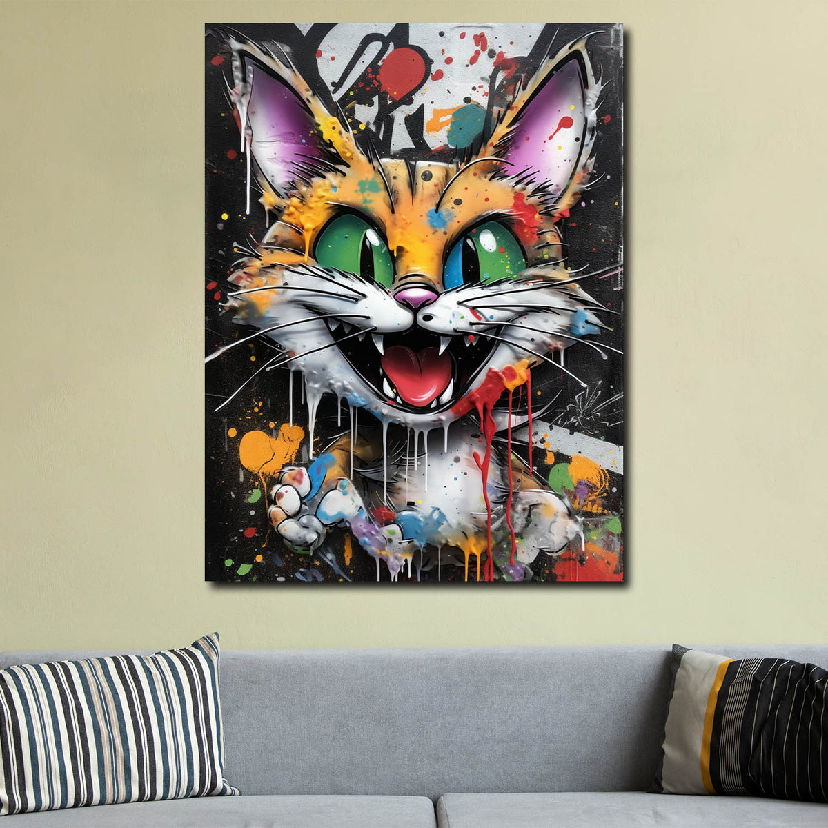Bunte Street Art Katze Wandbild im Wohnzimmer